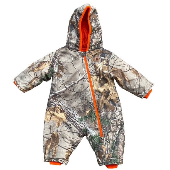 Carhartt Realtree Camo Full Zip Snowsuit Baby 6 mos Hooded Blaze Orange Outdoor - Picture 1 of 15
